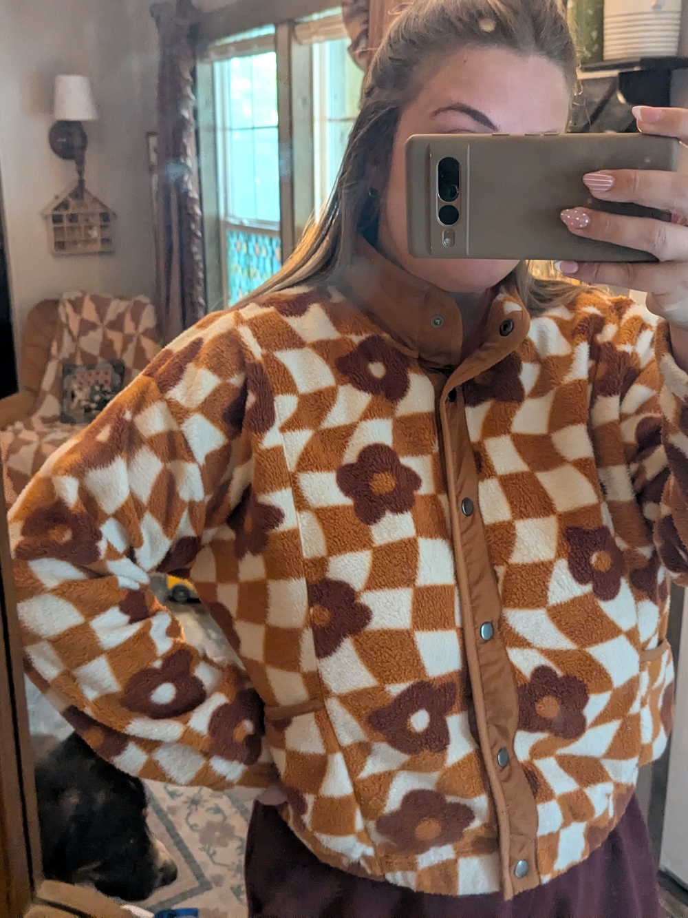 Women's Brown Floral Checkered Fleece Snap-Front Jacket